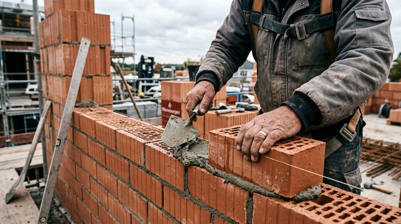 Maurer setzt einen Planziegel in das Mörtelbett