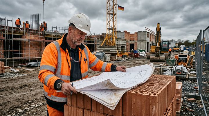 Geschäftsführer prüft die Ausführungspläne auf der Baustelle