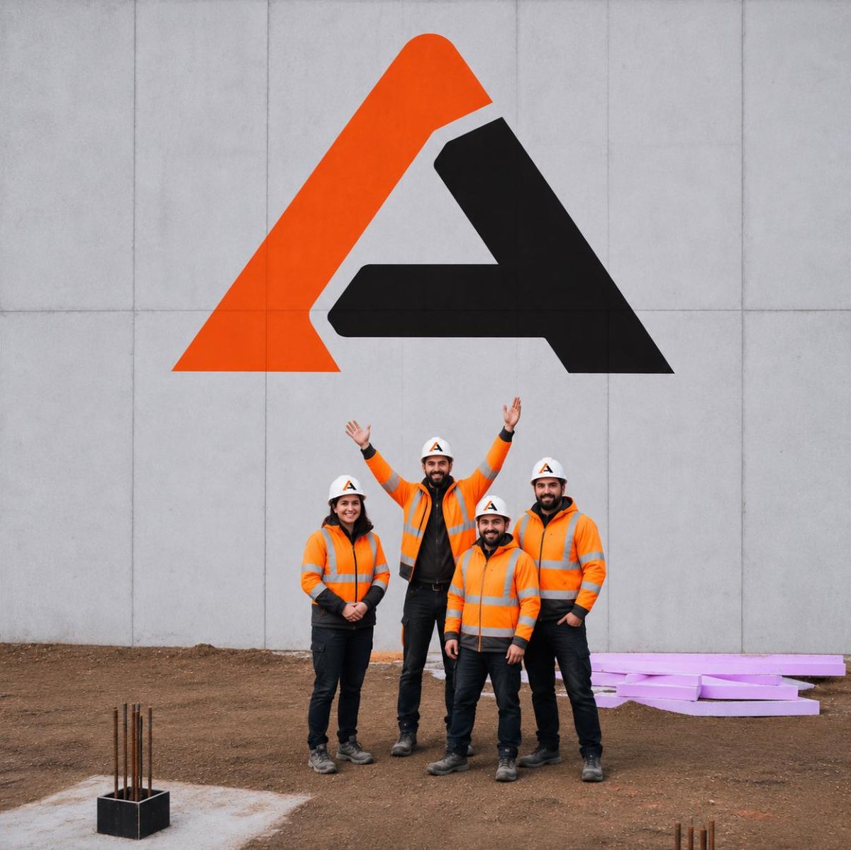 Das Team der Axata Bauunternehmung vor dem Firmenlogo